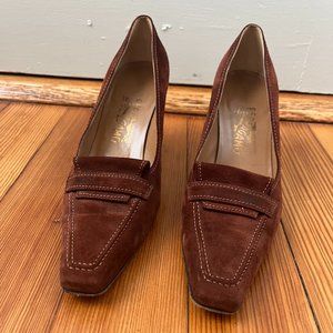 Salvatore Ferragamo Suede Loafer Kitten Heel